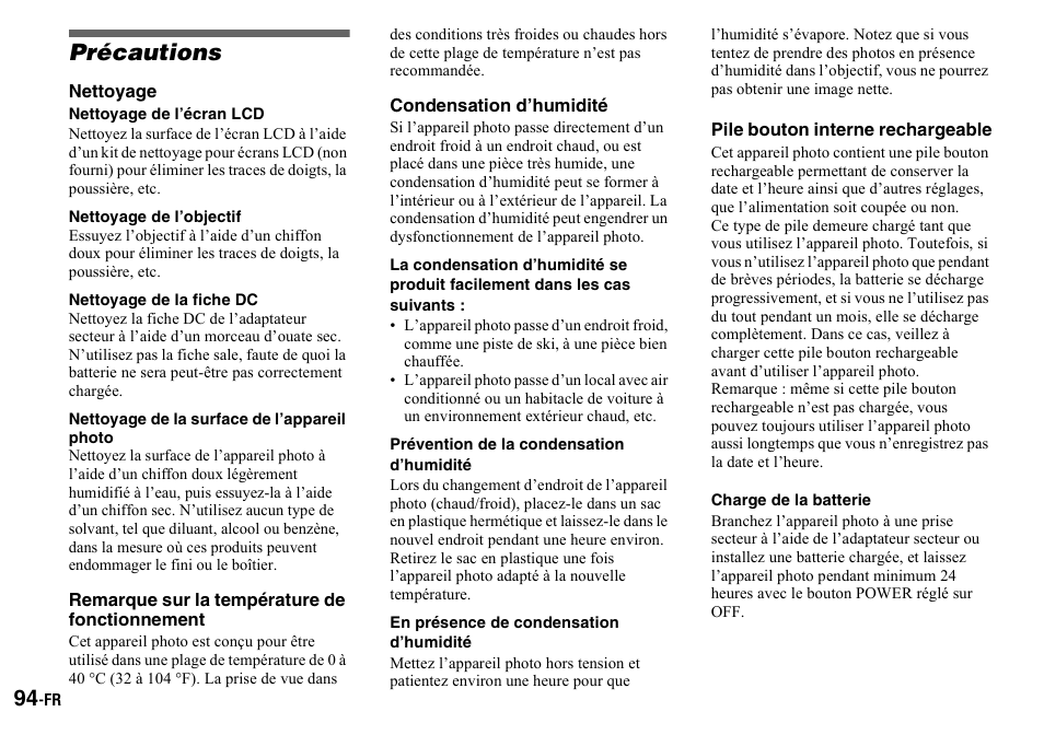 Précautions, Nettoyage de l’écran lcd, Nettoyage de l’objectif | Nettoyage de la fiche dc, Nettoyage de la surface de l’appareil photo, Prévention de la condensation d’humidité, En présence de condensation d’humidité, Charge de la batterie | Sony DSC-P2 User Manual | Page 94 / 208