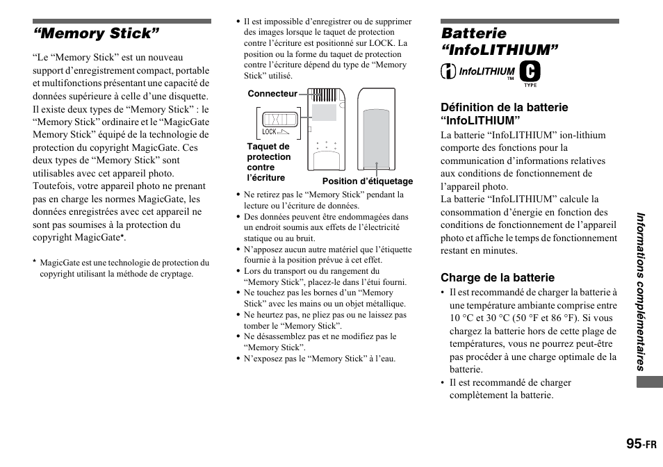 Memory stick, N’exposez pas le “memory stick” à l’eau, Batterie “infolithium | Memory stick” batterie “infolithium | Sony DSC-P2 User Manual | Page 95 / 208