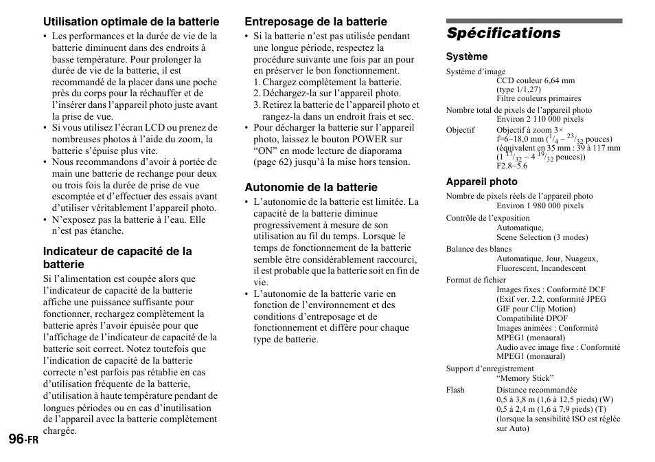 Chargez complètement la batterie, Déchargez-la sur l’appareil photo, Spécifications | Système, Appareil photo | Sony DSC-P2 User Manual | Page 96 / 208