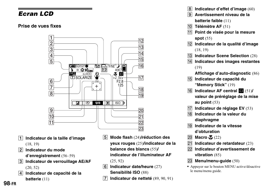 Ecran lcd, A indicateur de la taille d’image (18, 19), B indicateur du mode d’enregistrement (56–59) | C indicateur de verrouillage ae/af (20, 52), D indicateur de capacité de la batterie (11), F indicateur date/heure (27) sensibilité iso (88), G indicateur de netteté (89, 90, 91), H indicateur d’effet d’image (60), I avertissement niveau de la batterie faible (11), J télémètre af (51) | Sony DSC-P2 User Manual | Page 98 / 208