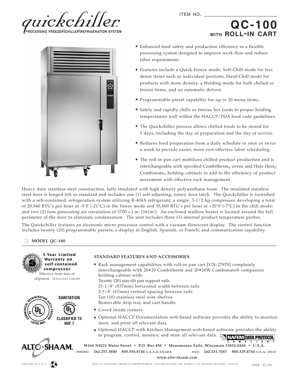 Alto-Shaam QC-100 User Manual | 2 pages