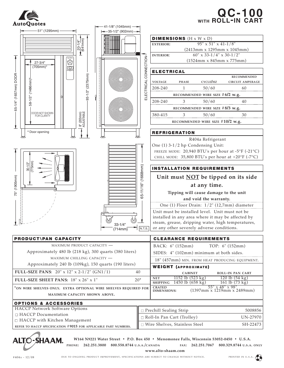Q c - 1 0 0, Roll, Unit must not be tipped on its side at any time | Alto-Shaam QC-100 User Manual | Page 2 / 2