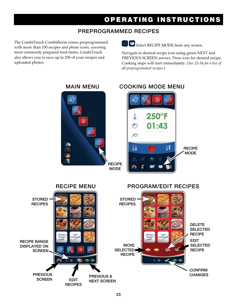 Preprogrammed recipes, Recipe menu, Main menu cooking mode menu | Program/edit recipes | Alto-Shaam Combitouch Series 7.14es CombiTouch User Manual | Page 25 / 51
