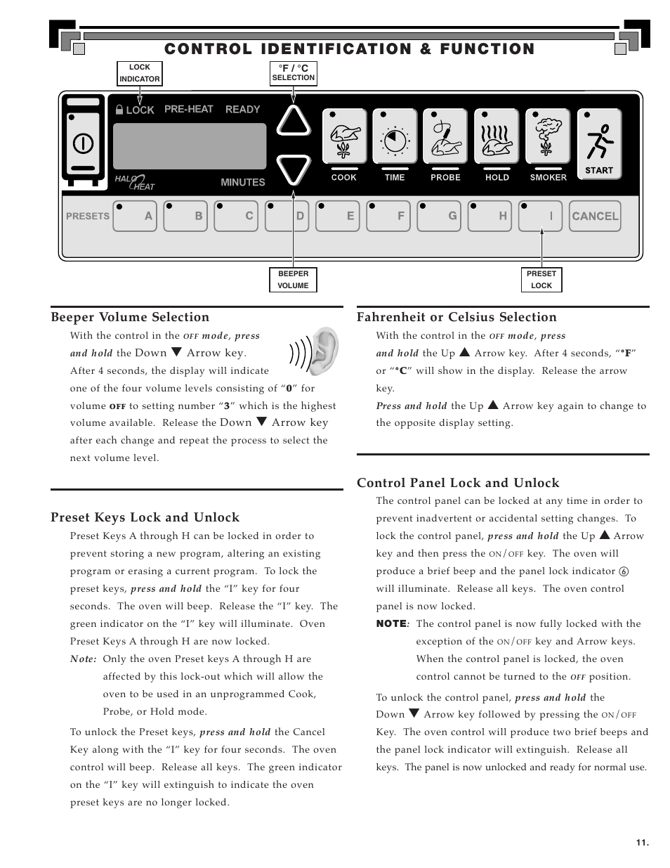 Beeper volume selection, Preset keys lock and unlock, Fahrenheit or celsius selection | Control panel lock and unlock | Alto-Shaam ecosmart Electronically Operated Ovens User Manual | Page 13 / 91