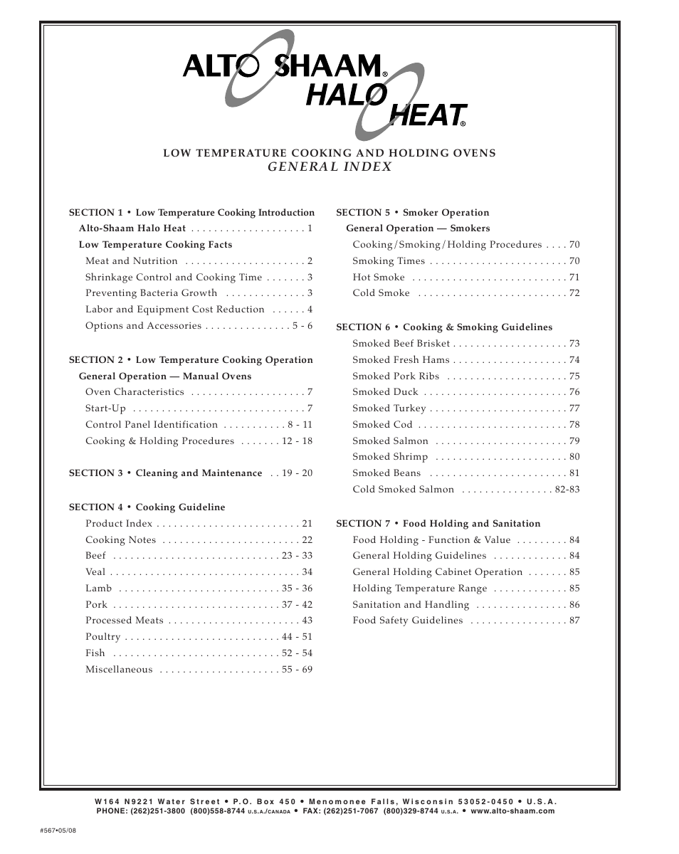 Gen era l in dex, Low temperature cooking and holding ovens | Alto-Shaam ecosmart Electronically Operated Ovens User Manual | Page 2 / 91