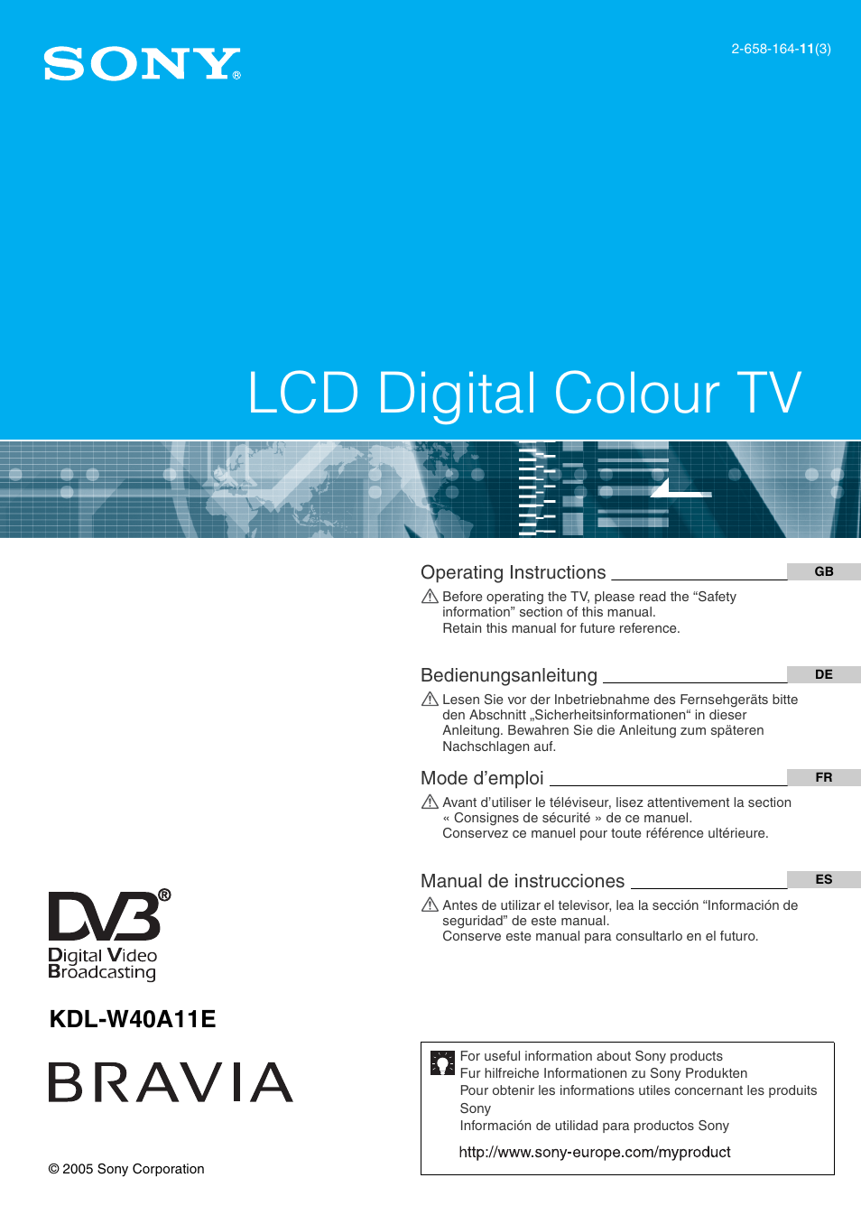 Sony KDL-W40A11E User Manual | 192 pages