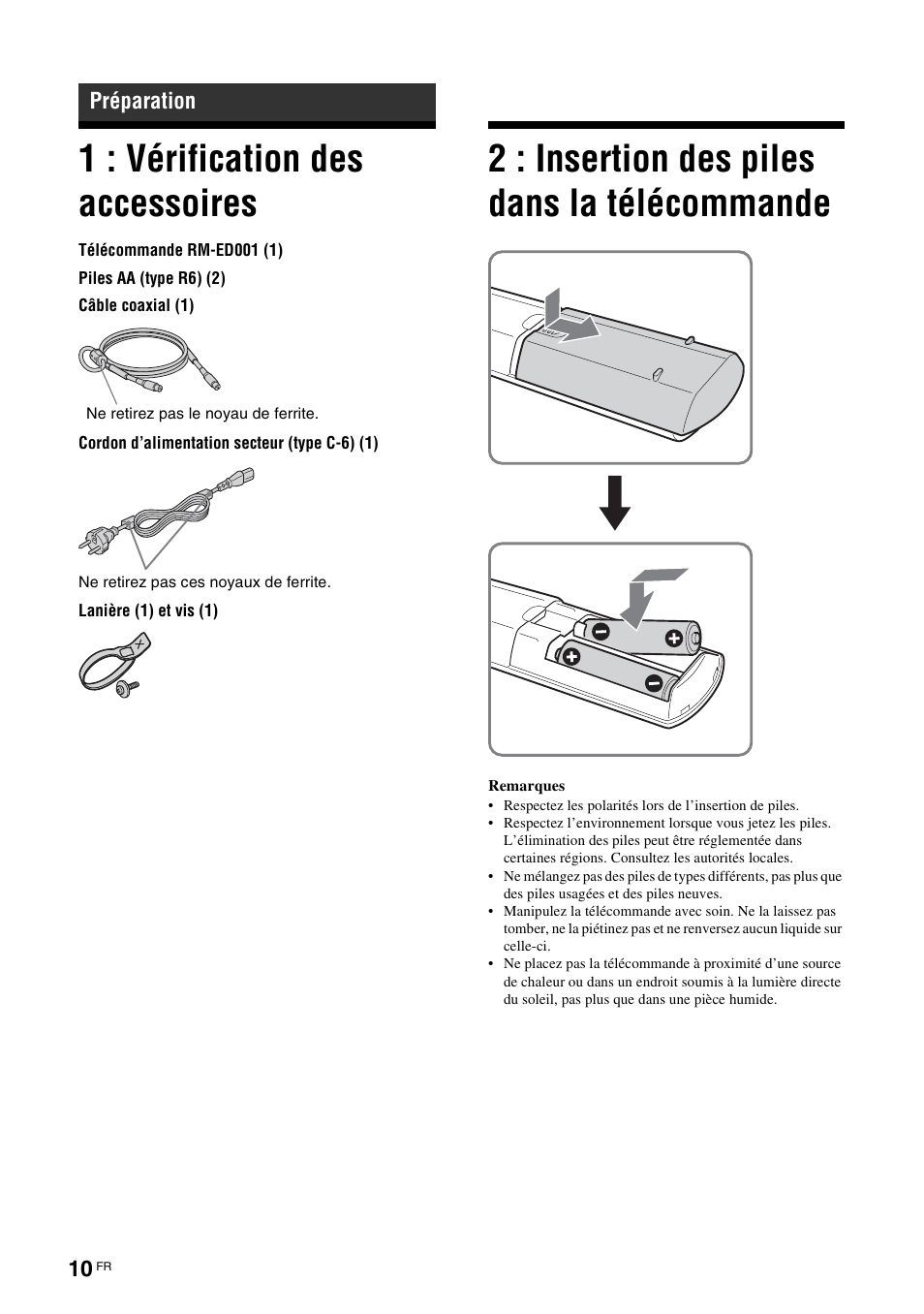 Préparation, 1 : vérification des accessoires, 2 : insertion des piles dans la télécommande | 2 : insertion des piles dans, La télécommande | Sony KDL-W40A11E User Manual | Page 104 / 192