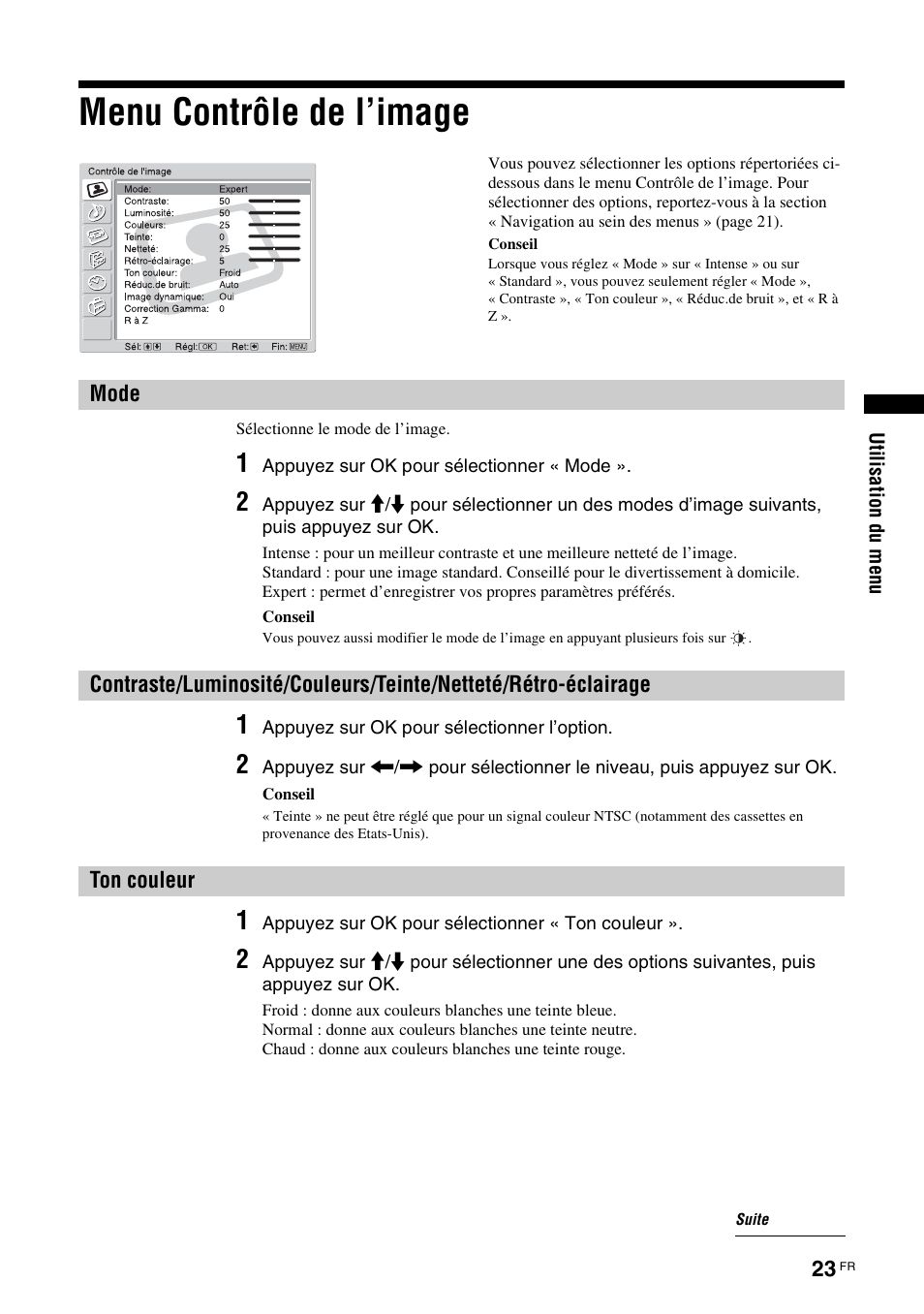 Menu contrôle de l’image, Mode, Ton couleur | Mode contraste/luminosité/couleurs/teinte/netteté, Rétro-éclairage, R (23) | Sony KDL-W40A11E User Manual | Page 117 / 192