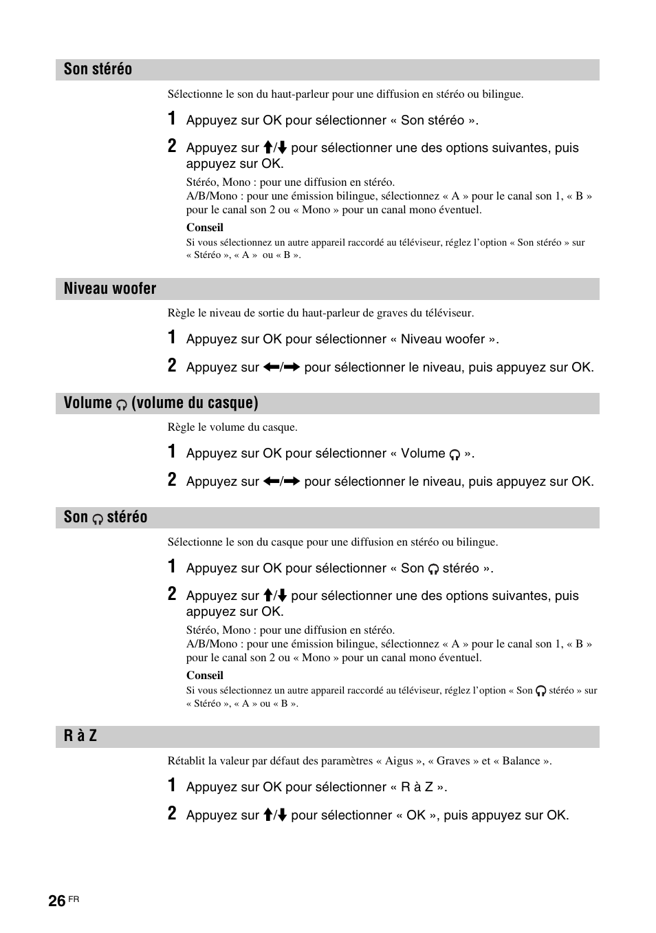 Son stéréo, Niveau woofer, Volume (volume du casque) | R à z, Son stéréo niveau woofer volume, Volume du casque), Stéréo, À z (26) | Sony KDL-W40A11E User Manual | Page 120 / 192