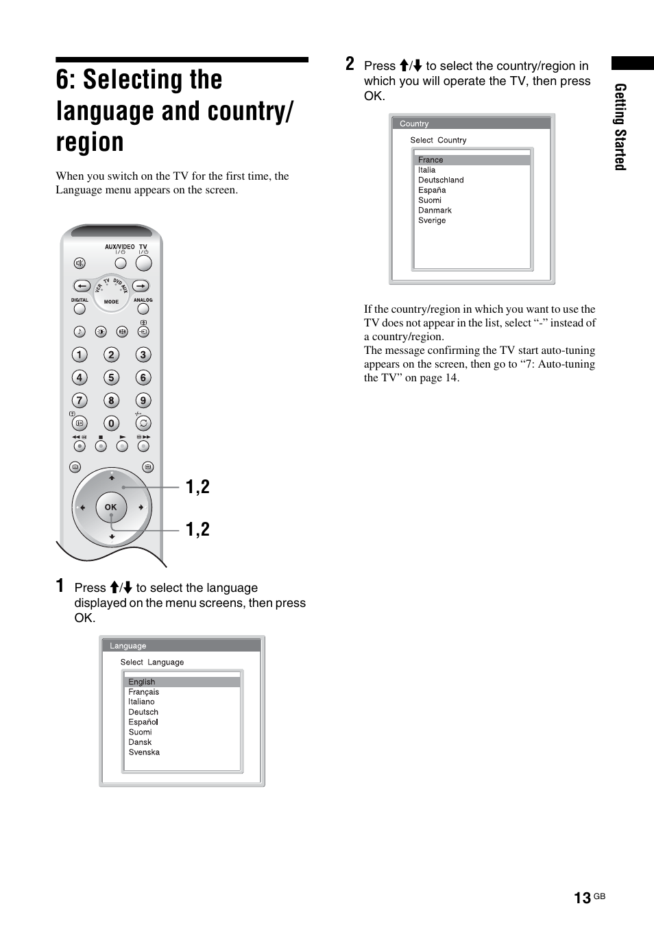 Selecting the language and country/ region, Selecting the language and, Country/region | Sony KDL-W40A11E User Manual | Page 13 / 192