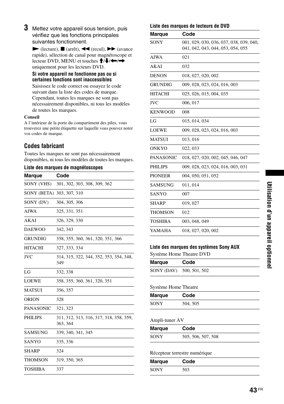 Codes fabricant » à, Ut il isa tion d ’un appa rei l opt ion nel, Codes fabricant | Sony KDL-W40A11E User Manual | Page 137 / 192
