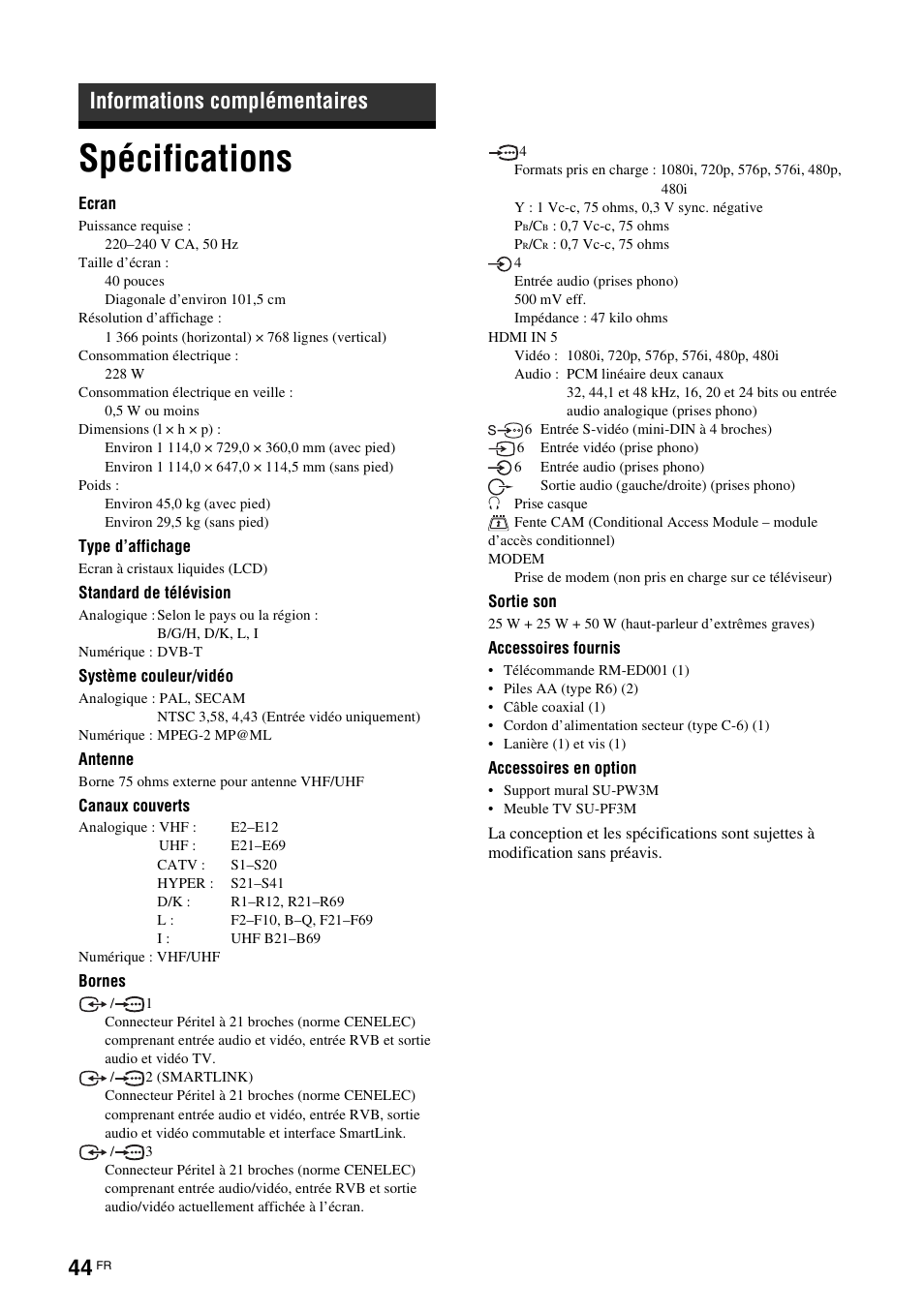Informations complémentaires, Spécifications | Sony KDL-W40A11E User Manual | Page 138 / 192