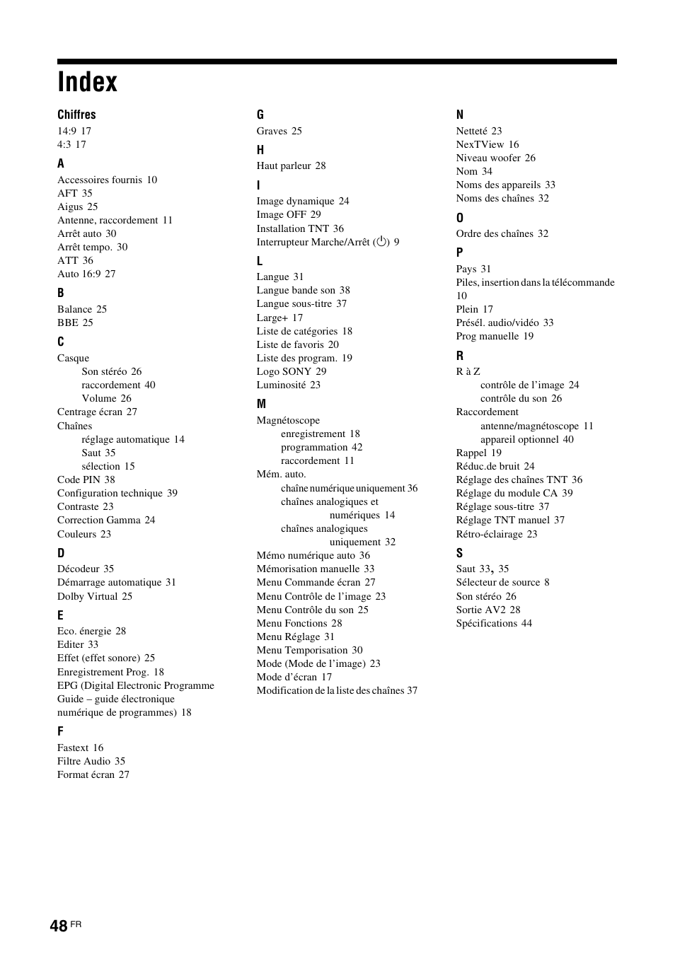 Index | Sony KDL-W40A11E User Manual | Page 142 / 192