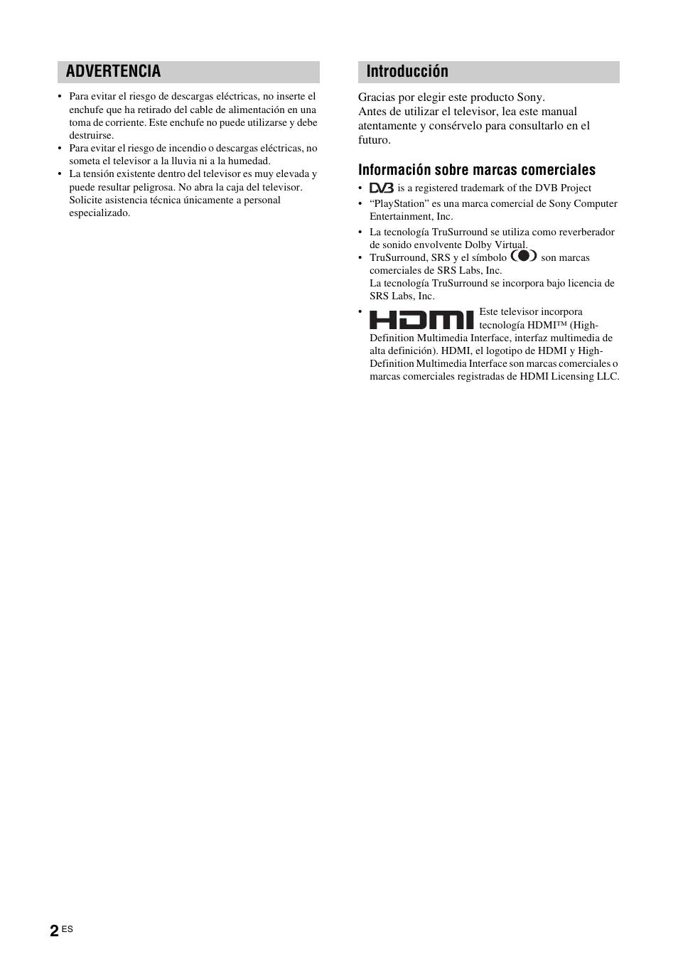 Advertencia introducción, Información sobre marcas comerciales | Sony KDL-W40A11E User Manual | Page 144 / 192