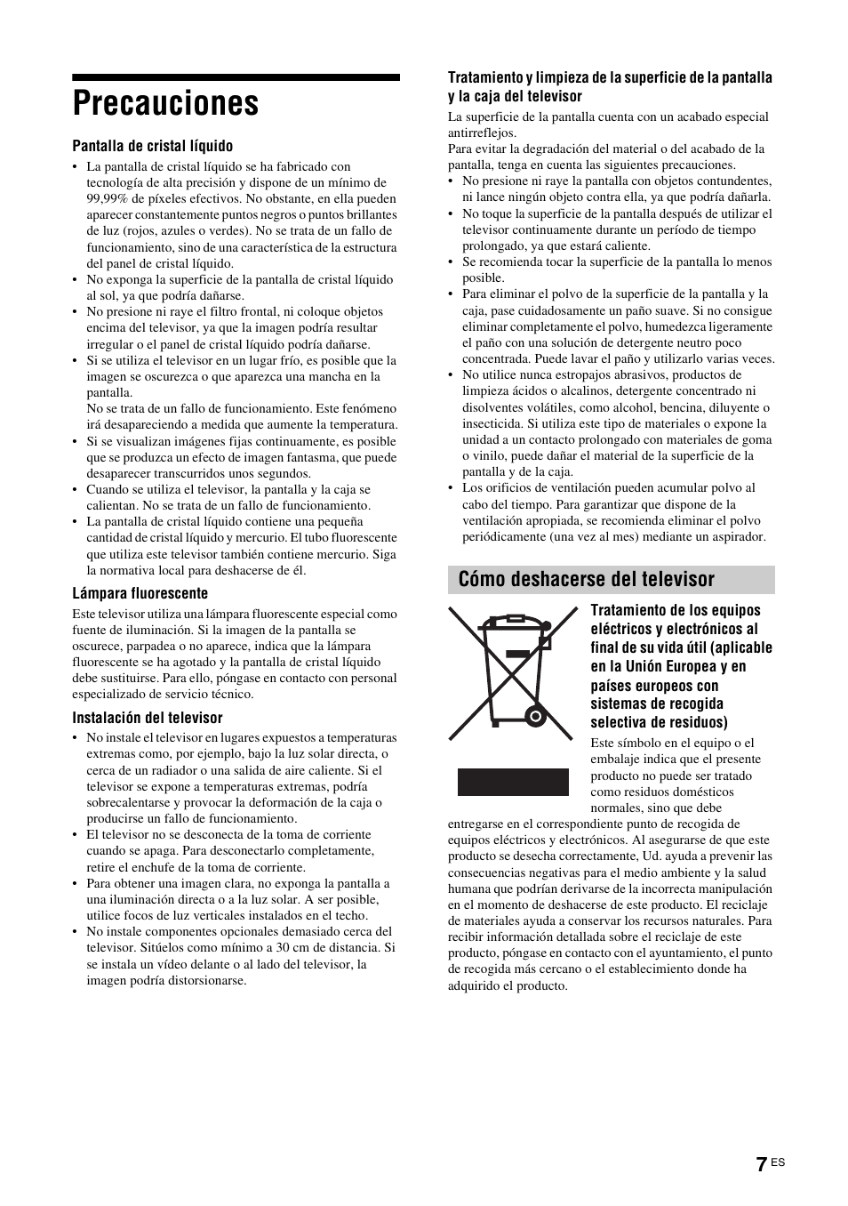 Precauciones, Cómo deshacerse del televisor | Sony KDL-W40A11E User Manual | Page 149 / 192
