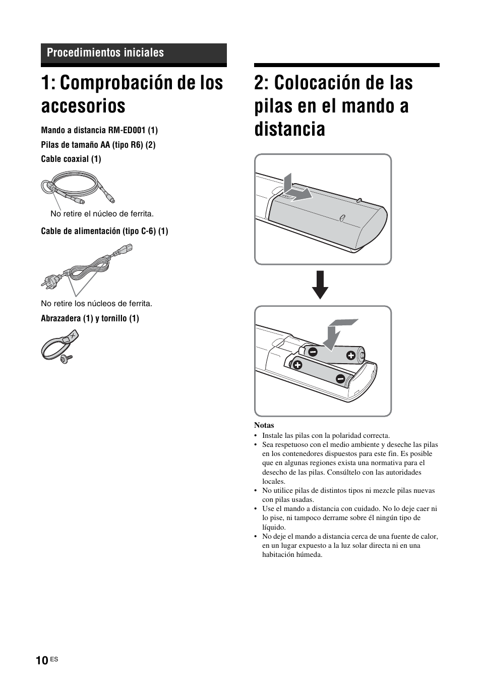 Procedimientos iniciales, Comprobación de los accesorios, Colocación de las pilas en el mando a distancia | Colocación de las pilas en el mando a, Distancia | Sony KDL-W40A11E User Manual | Page 152 / 192
