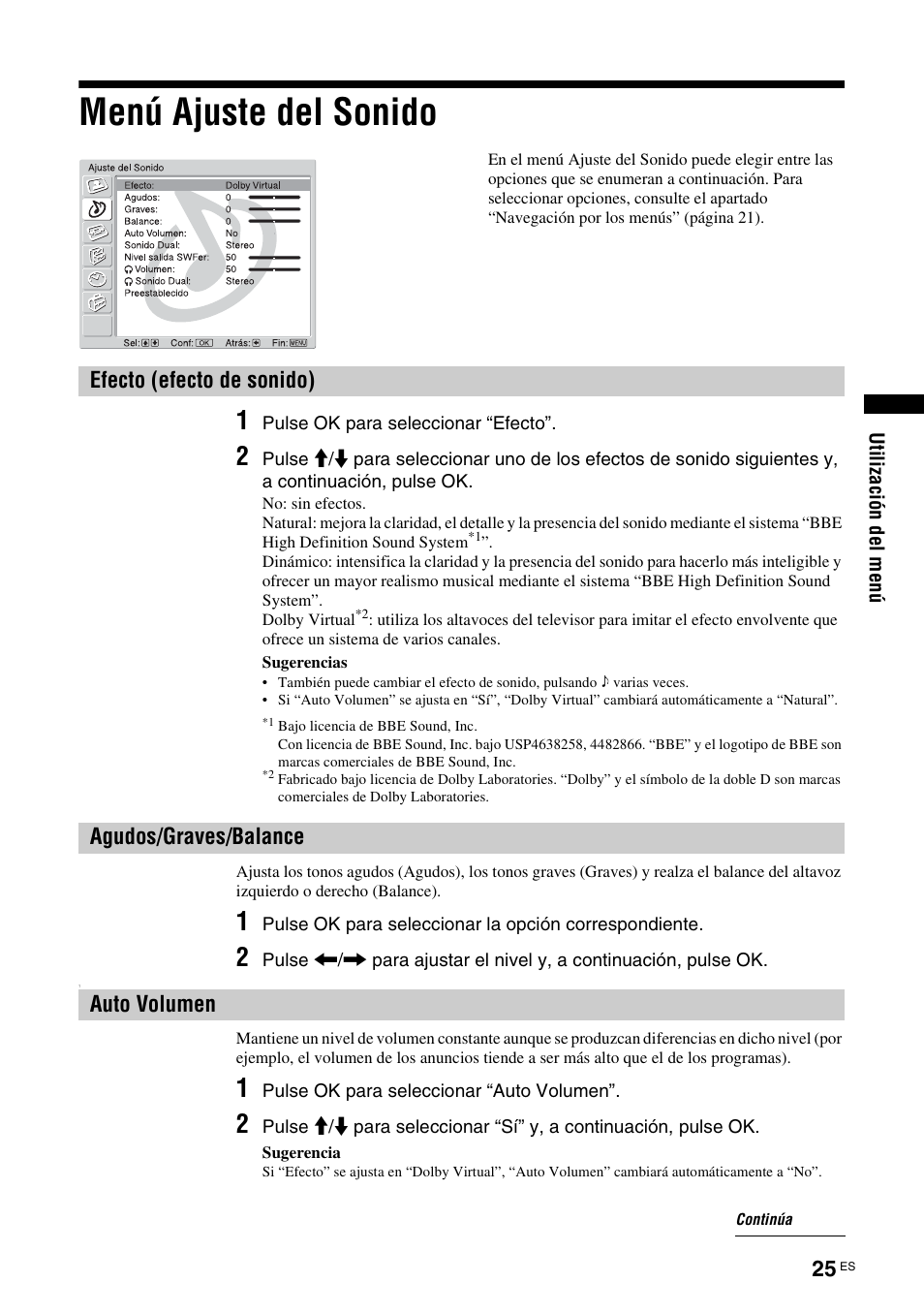 Menú ajuste del sonido, Efecto (efecto de sonido), Agudos/graves/balance | Auto volumen, To (25), E (25), En (25) | Sony KDL-W40A11E User Manual | Page 167 / 192