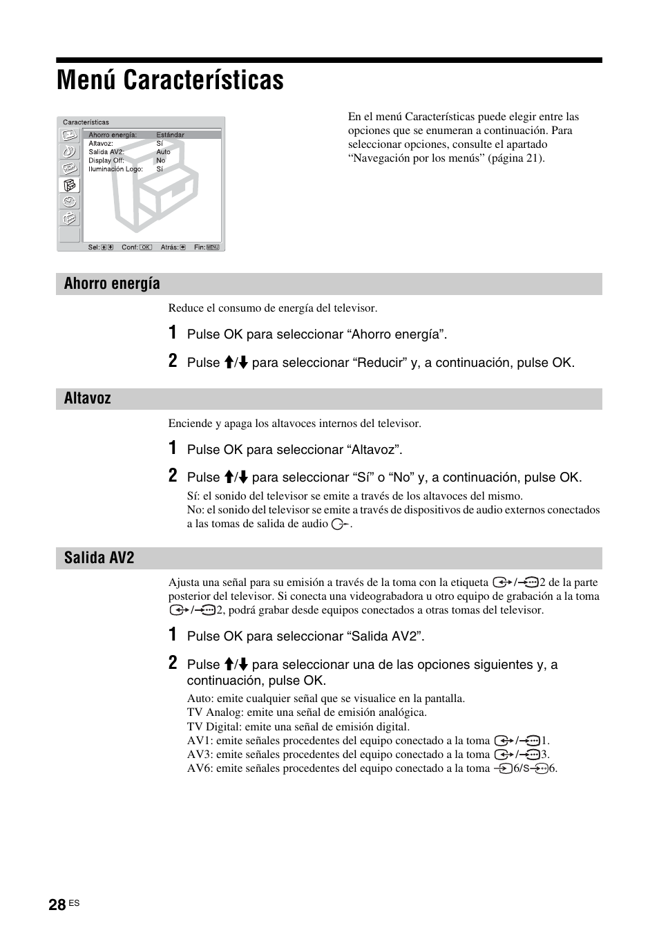 Menú características, Ahorro energía, Altavoz | Salida av2, Ahorro energía altavoz salida av2, Ía (28) | Sony KDL-W40A11E User Manual | Page 170 / 192