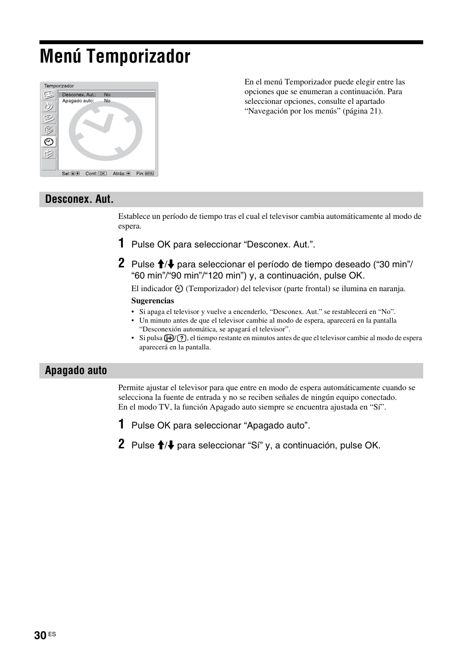 Menú temporizador, Desconex. aut, Apagado auto | Desconex. aut apagado auto, T. (30), To (30) | Sony KDL-W40A11E User Manual | Page 172 / 192