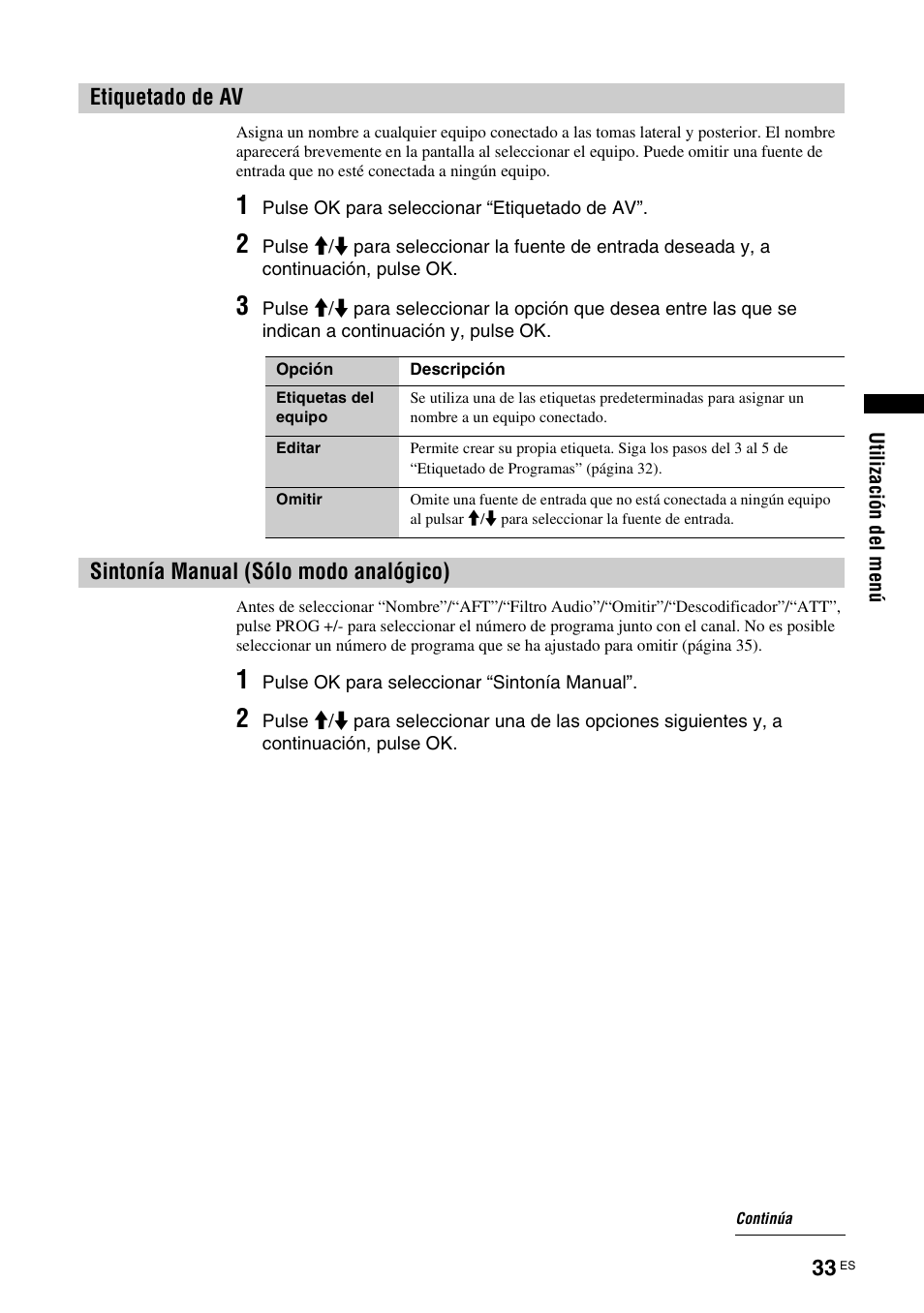 Etiquetado de av, Sintonía manual (sólo modo analógico), Al (33) | Sony KDL-W40A11E User Manual | Page 175 / 192