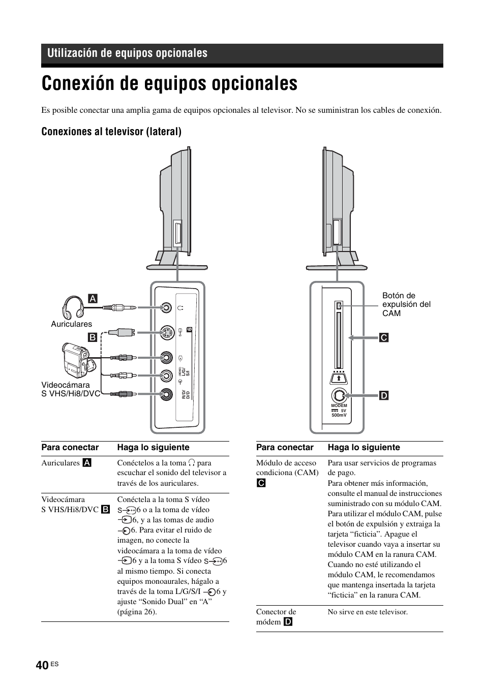 Utilización de equipos opcionales, Conexión de equipos opcionales, Conexiones al televisor (lateral) | Sony KDL-W40A11E User Manual | Page 182 / 192