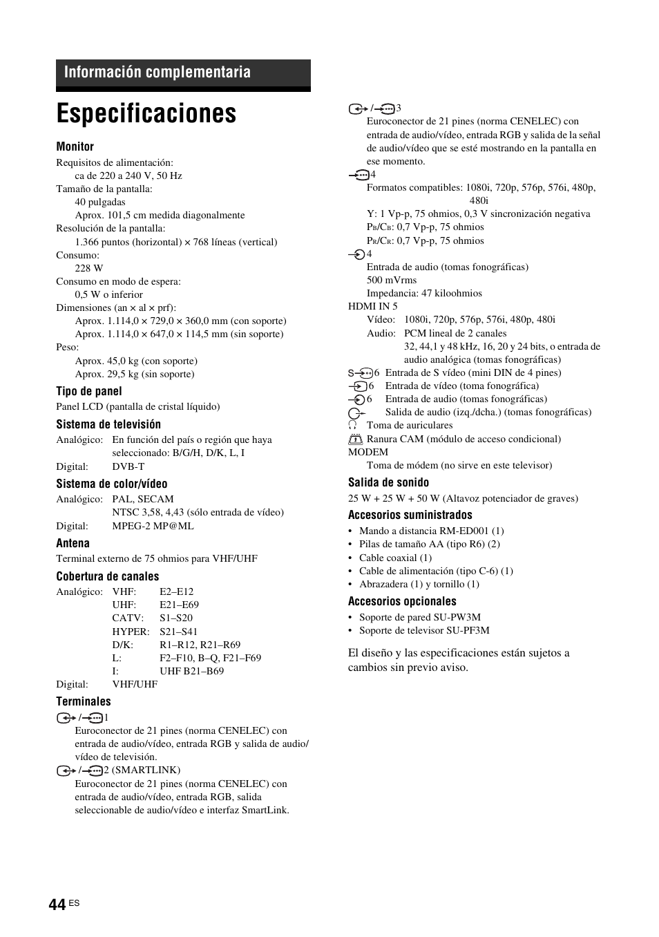 Información complementaria, Especificaciones | Sony KDL-W40A11E User Manual | Page 186 / 192