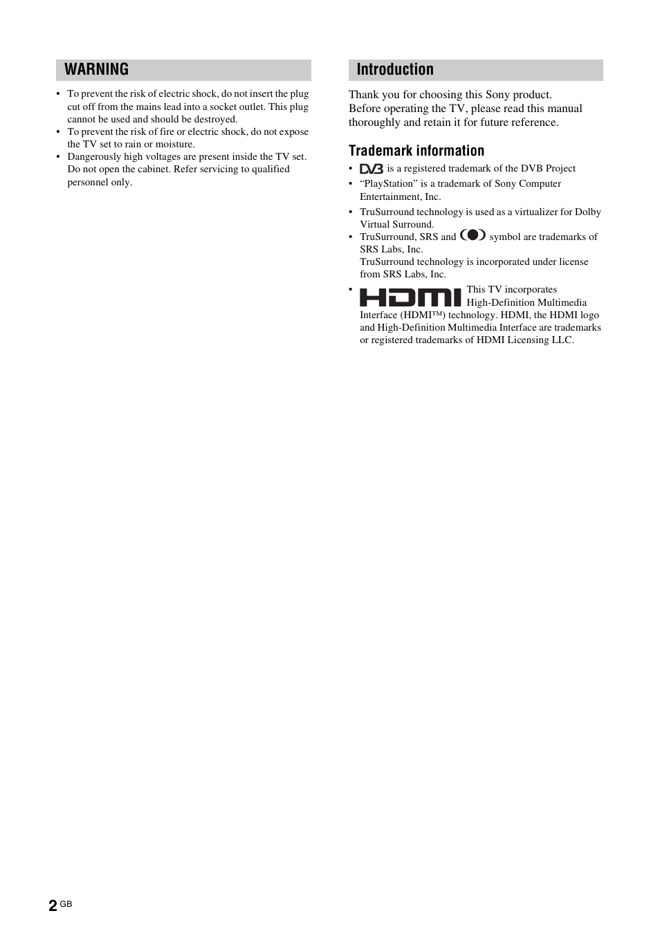 Warning introduction, Trademark information | Sony KDL-W40A11E User Manual | Page 2 / 192