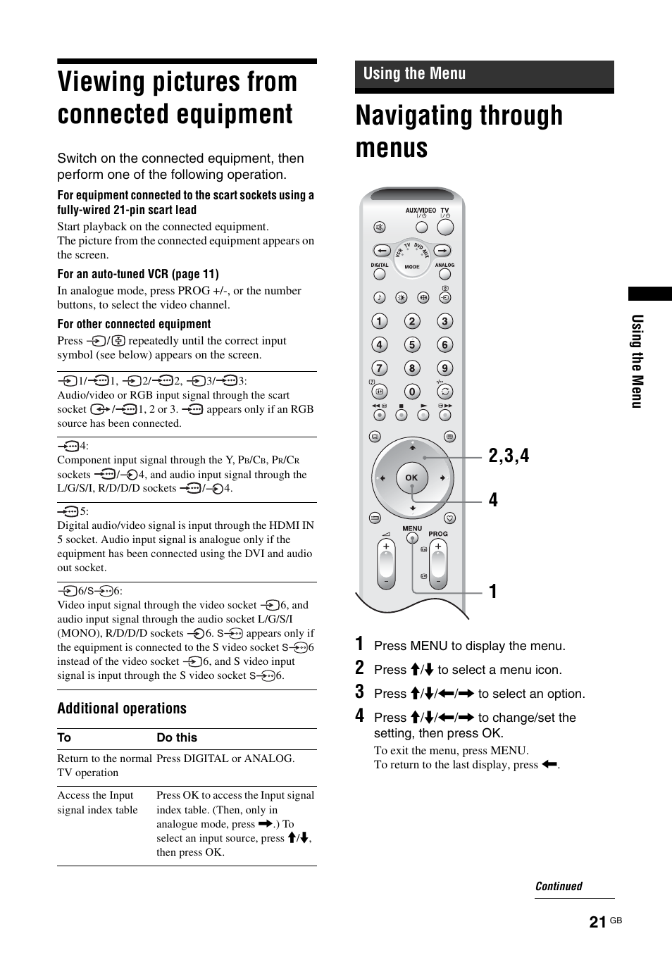 Viewing pictures from connected equipment, Using the menu, Navigating through menus | Viewing pictures from connected, Equipment | Sony KDL-W40A11E User Manual | Page 21 / 192
