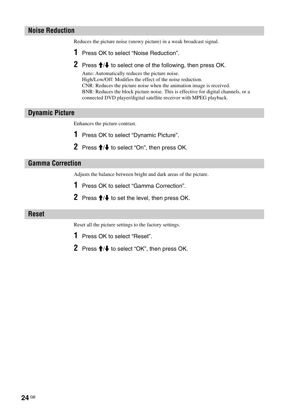 Noise reduction, Dynamic picture, Gamma correction | Reset, N (24), E (24), T (24) | Sony KDL-W40A11E User Manual | Page 24 / 192