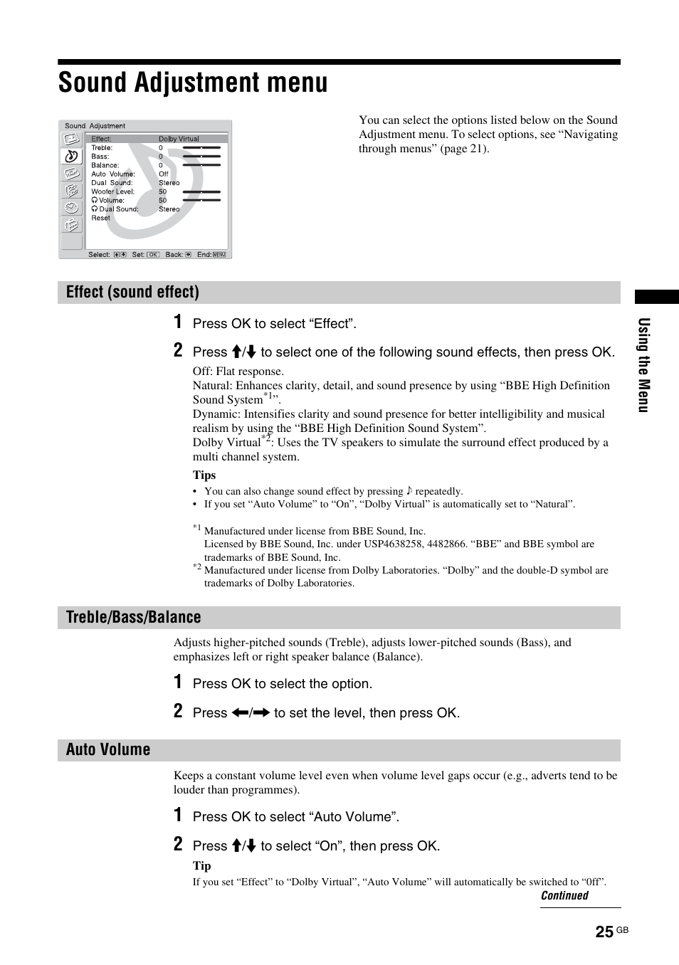 Sound adjustment menu, Effect (sound effect), Treble/bass/balance | Auto volume, E (25) | Sony KDL-W40A11E User Manual | Page 25 / 192