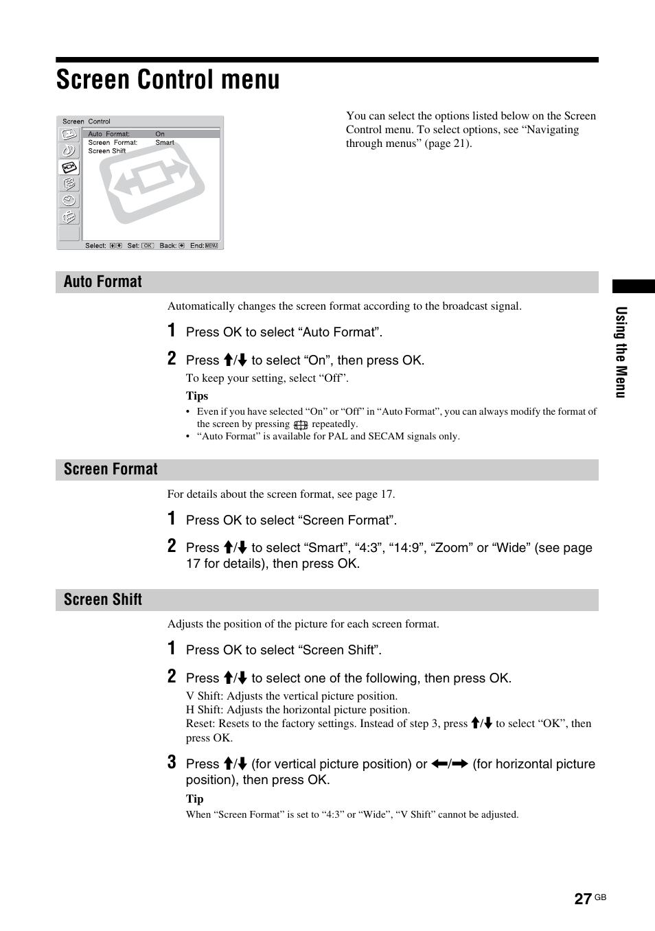 Screen control menu, Auto format, Screen format | Screen shift, Auto format screen format screen shift, T (27), At (27), Ift (27) | Sony KDL-W40A11E User Manual | Page 27 / 192