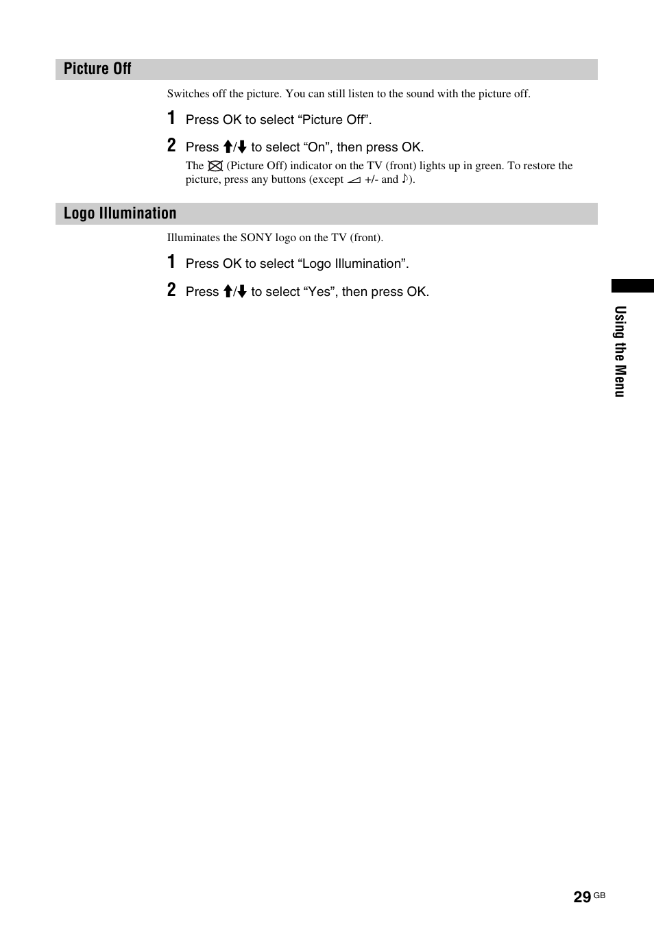Picture off, Logo illumination, Picture off logo illumination | On (29) | Sony KDL-W40A11E User Manual | Page 29 / 192