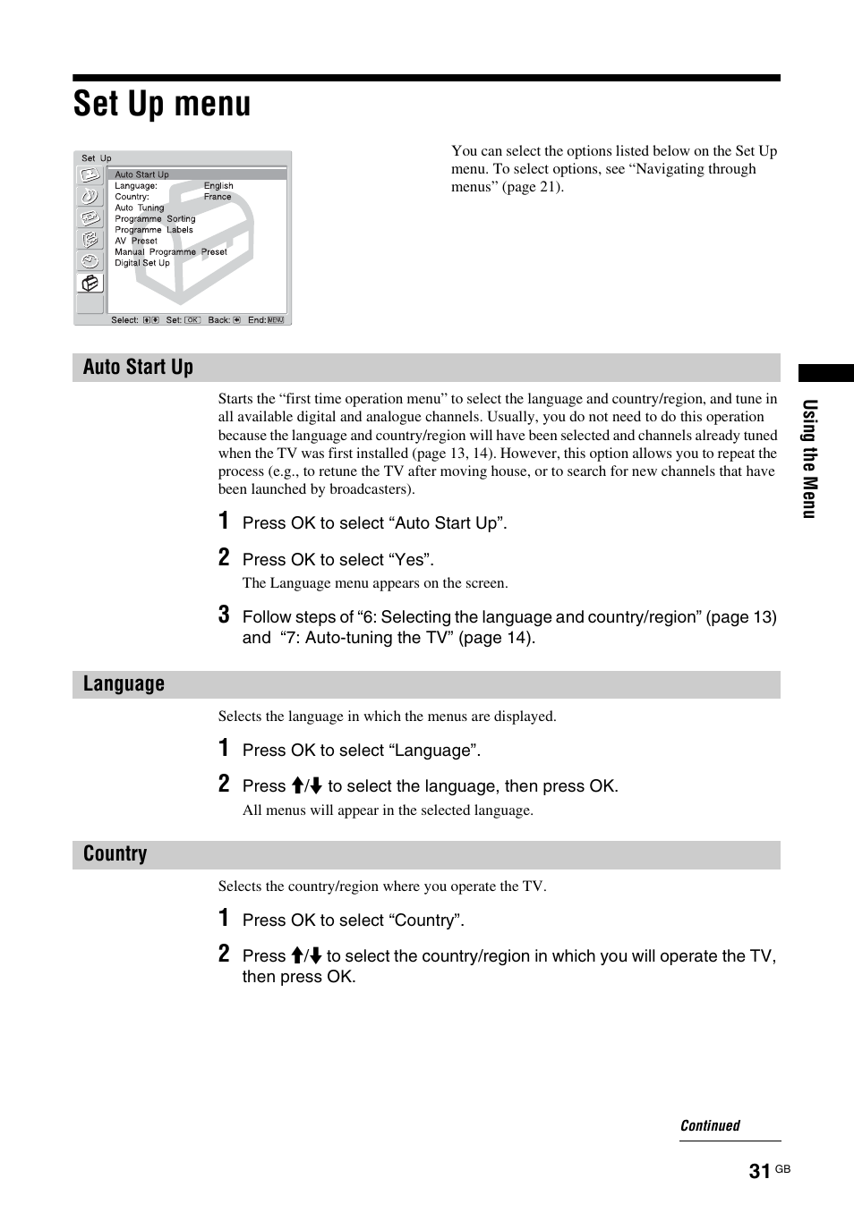 Set up menu, Auto start up, Language | Country, Auto start up language country, T up (31), Y (31) | Sony KDL-W40A11E User Manual | Page 31 / 192