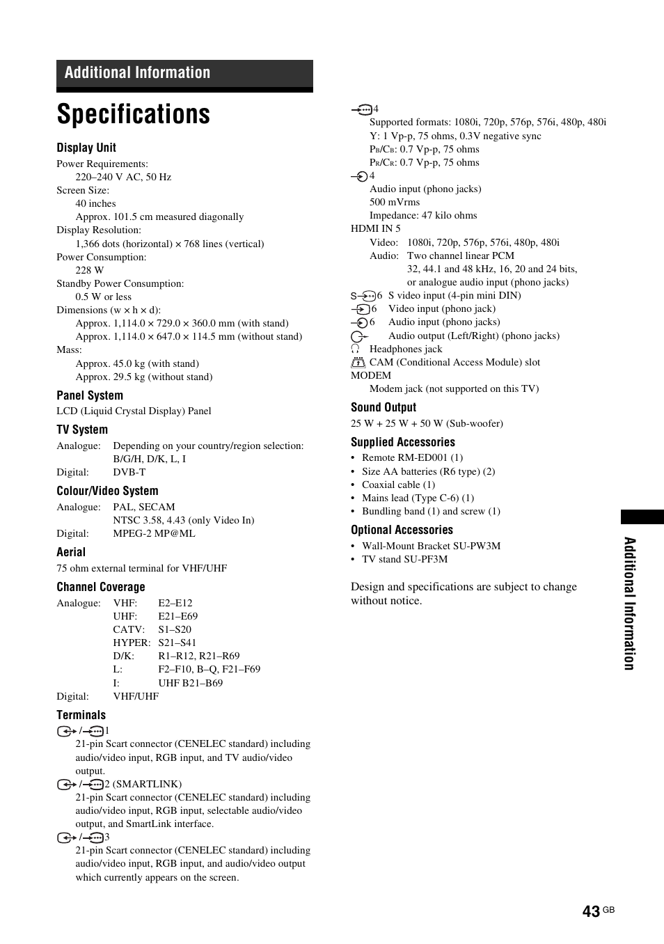 Additional information, Specifications | Sony KDL-W40A11E User Manual | Page 43 / 192