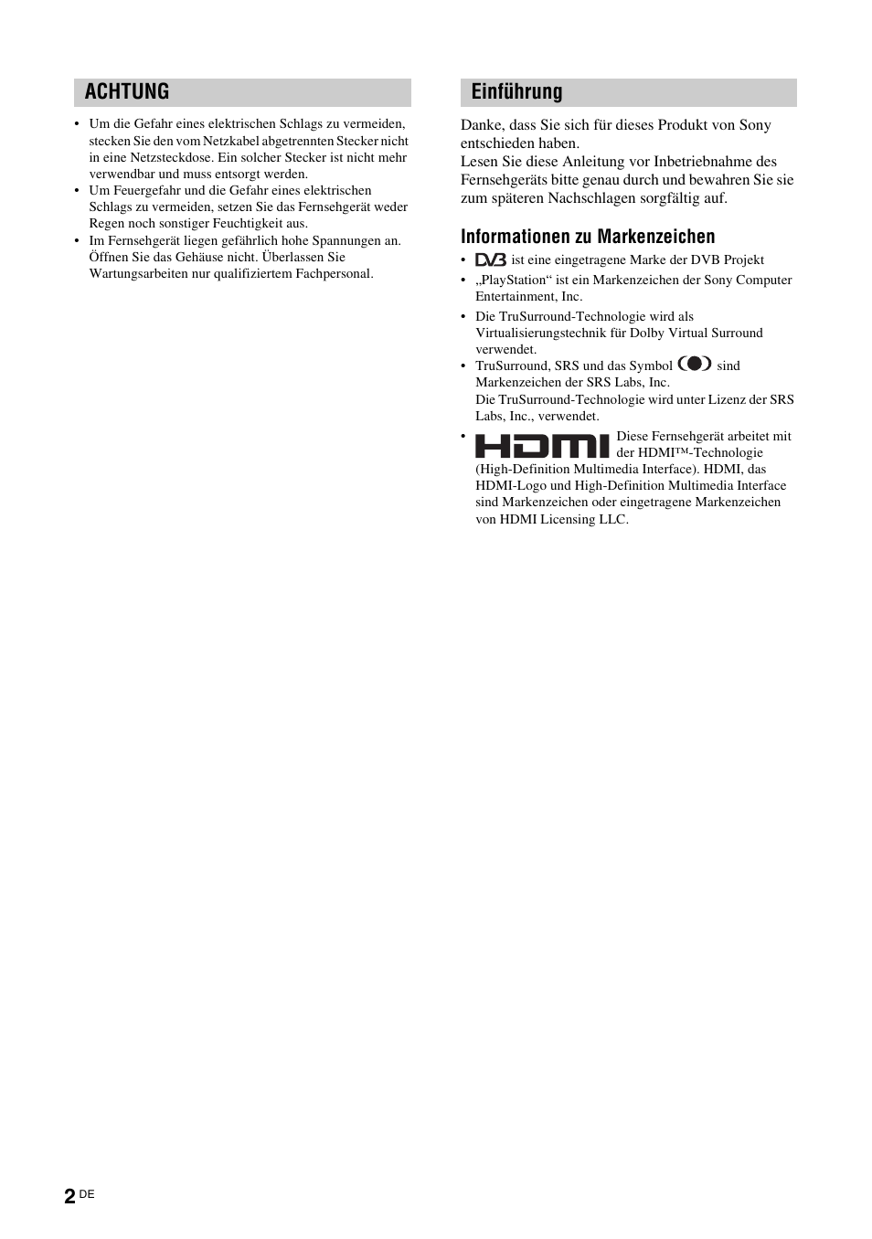 Achtung einführung, Informationen zu markenzeichen | Sony KDL-W40A11E User Manual | Page 48 / 192