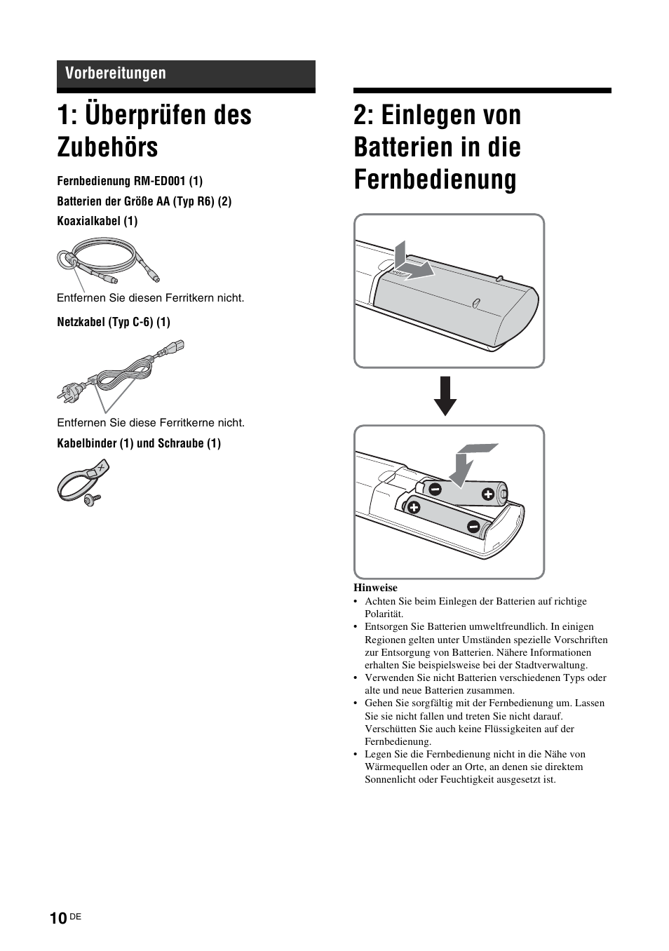 Vorbereitungen, Überprüfen des zubehörs, Einlegen von batterien in die fernbedienung | Einlegen von batterien in die, Fernbedienung | Sony KDL-W40A11E User Manual | Page 56 / 192
