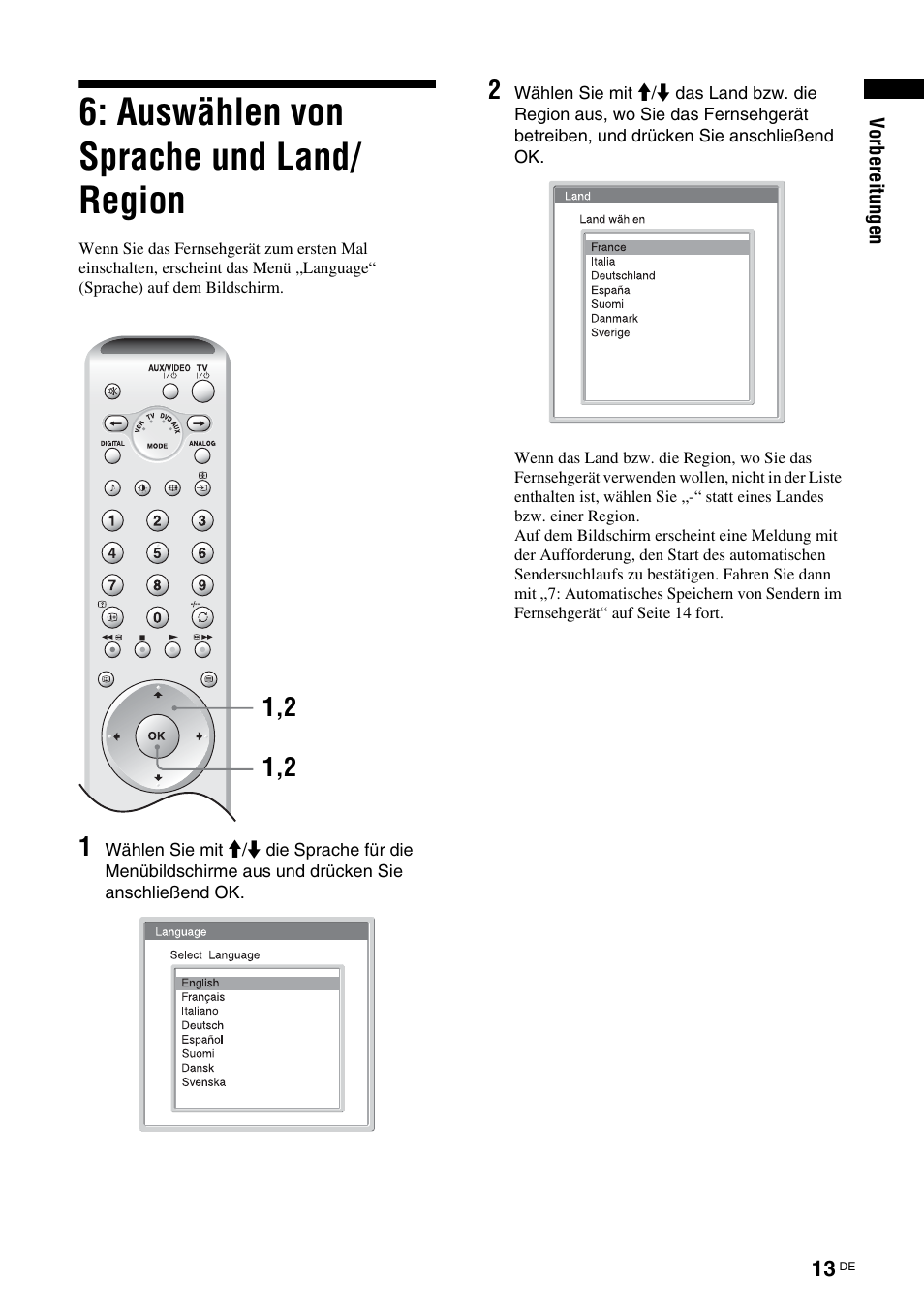 Auswählen von sprache und land/ region, Auswählen von sprache und, Land/region | Sony KDL-W40A11E User Manual | Page 59 / 192
