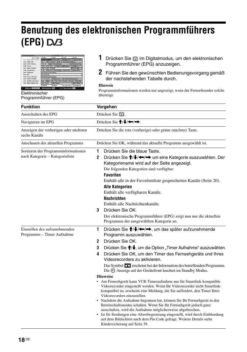 Benutzung des elektronischen programmführers (epg), Benutzung des elektronischen, Programmführers (epg) | R) (seite 18), Seite 18 | Sony KDL-W40A11E User Manual | Page 64 / 192