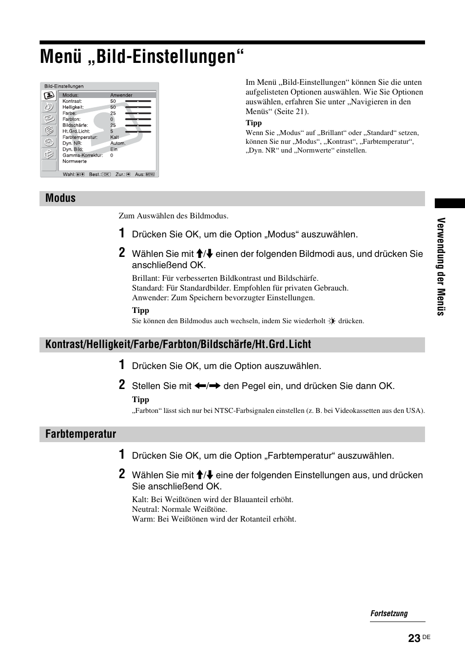 Menü „bild-einstellungen, Modus, Farbtemperatur | Ht.grd.licht, Seite 23), S (23), T (23) | Sony KDL-W40A11E User Manual | Page 69 / 192