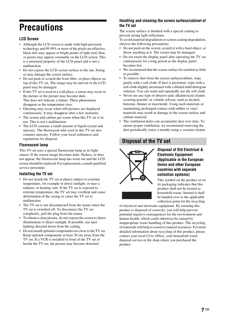 Precautions, Disposal of the tv set | Sony KDL-W40A11E User Manual | Page 7 / 192