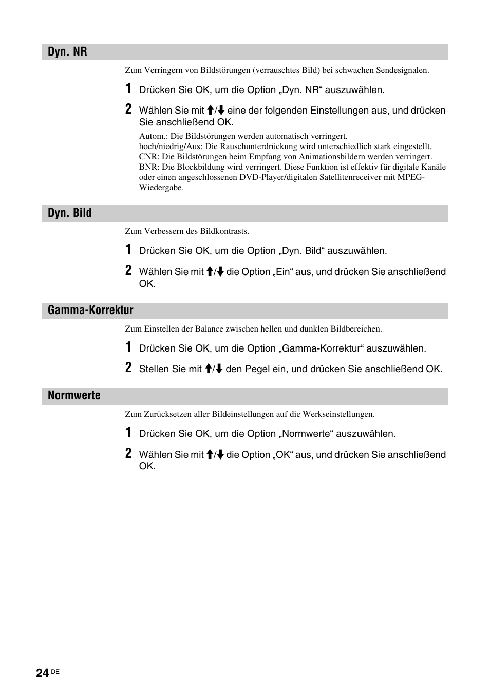 Dyn. nr, Dyn. bild, Gamma-korrektur | Normwerte, Dyn. nr dyn. bild gamma-korrektur normwerte, Ur (24), E (24) | Sony KDL-W40A11E User Manual | Page 70 / 192