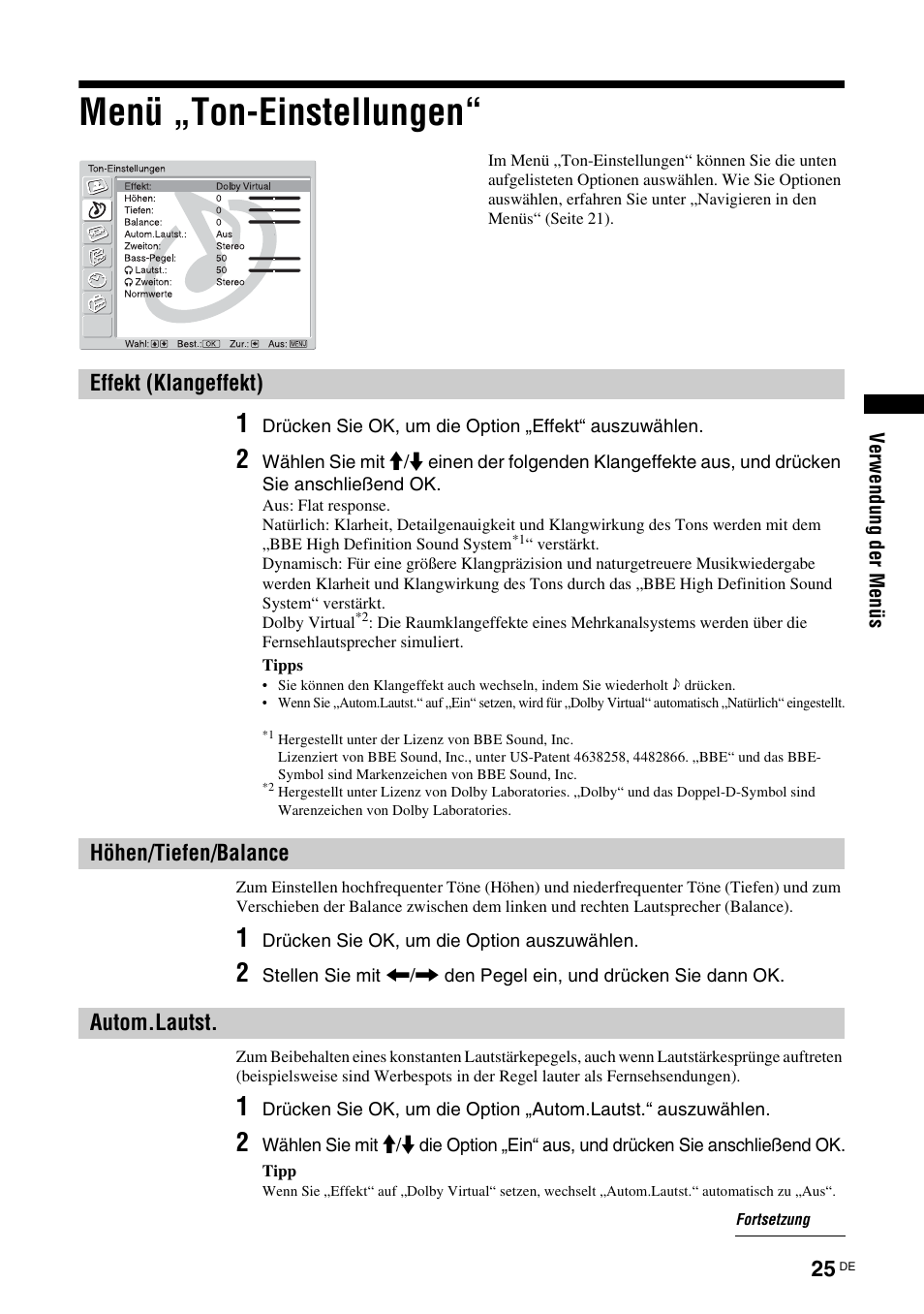 Menü „ton-einstellungen, Effekt (klangeffekt), Höhen/tiefen/balance | Autom.lautst, T (seite 25), E (25) | Sony KDL-W40A11E User Manual | Page 71 / 192