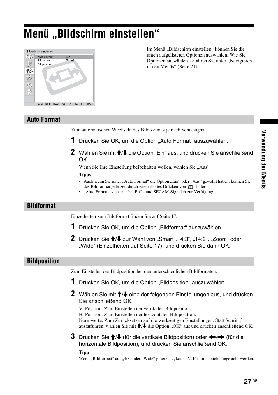 Menü „bildschirm einstellen, Auto format, Bildformat | Bildposition, Auto format bildformat bildposition, T (27), On (27) | Sony KDL-W40A11E User Manual | Page 73 / 192
