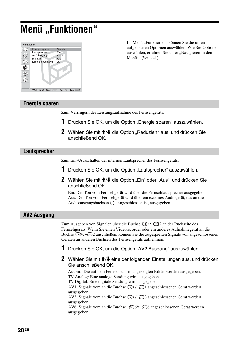 Menü „funktionen, Energie sparen, Lautsprecher | Av2 ausgang, Energie sparen lautsprecher av2 ausgang, Ng (28) | Sony KDL-W40A11E User Manual | Page 74 / 192