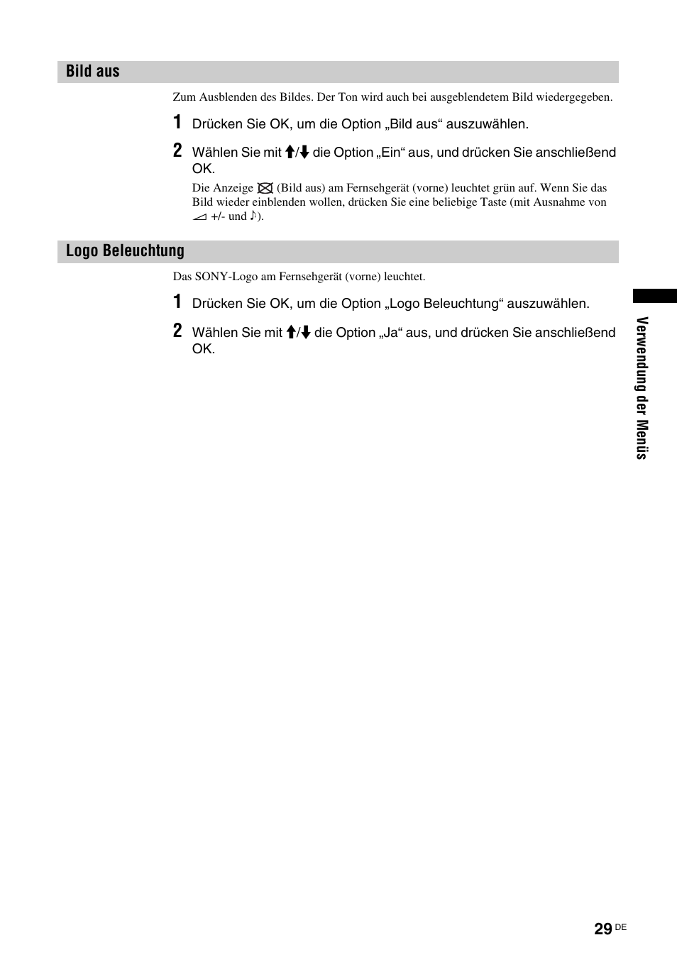 Bild aus, Logo beleuchtung, Bild aus logo beleuchtung | Seite 29), S (29), G (29) | Sony KDL-W40A11E User Manual | Page 75 / 192