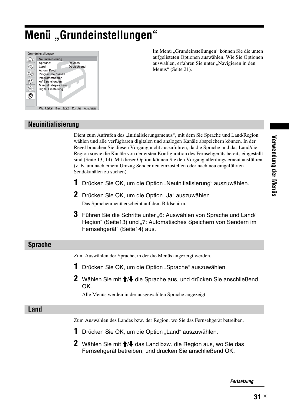 Menü „grundeinstellungen, Neuinitialisierung, Sprache | Land, Neuinitialisierung sprache land, Ng (31), E (31), Nd (31) | Sony KDL-W40A11E User Manual | Page 77 / 192