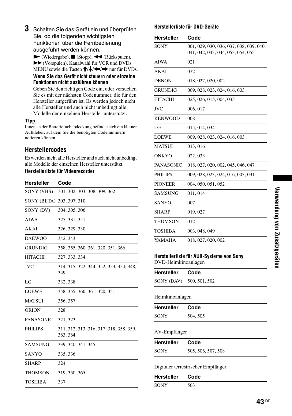 Herstellercodes“ auf, Ite 43, Seite 43) | Sony KDL-W40A11E User Manual | Page 89 / 192