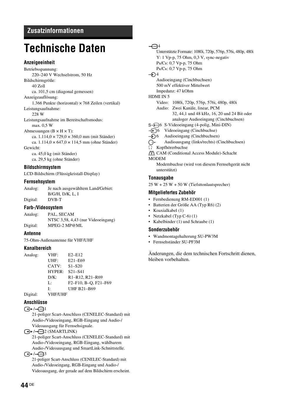 Zusatzinformationen, Technische daten | Sony KDL-W40A11E User Manual | Page 90 / 192