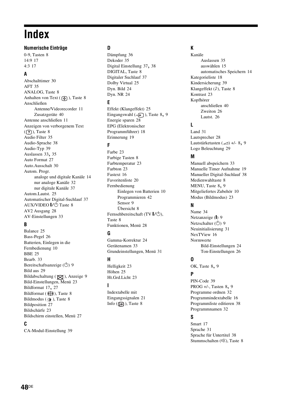 Index | Sony KDL-W40A11E User Manual | Page 94 / 192