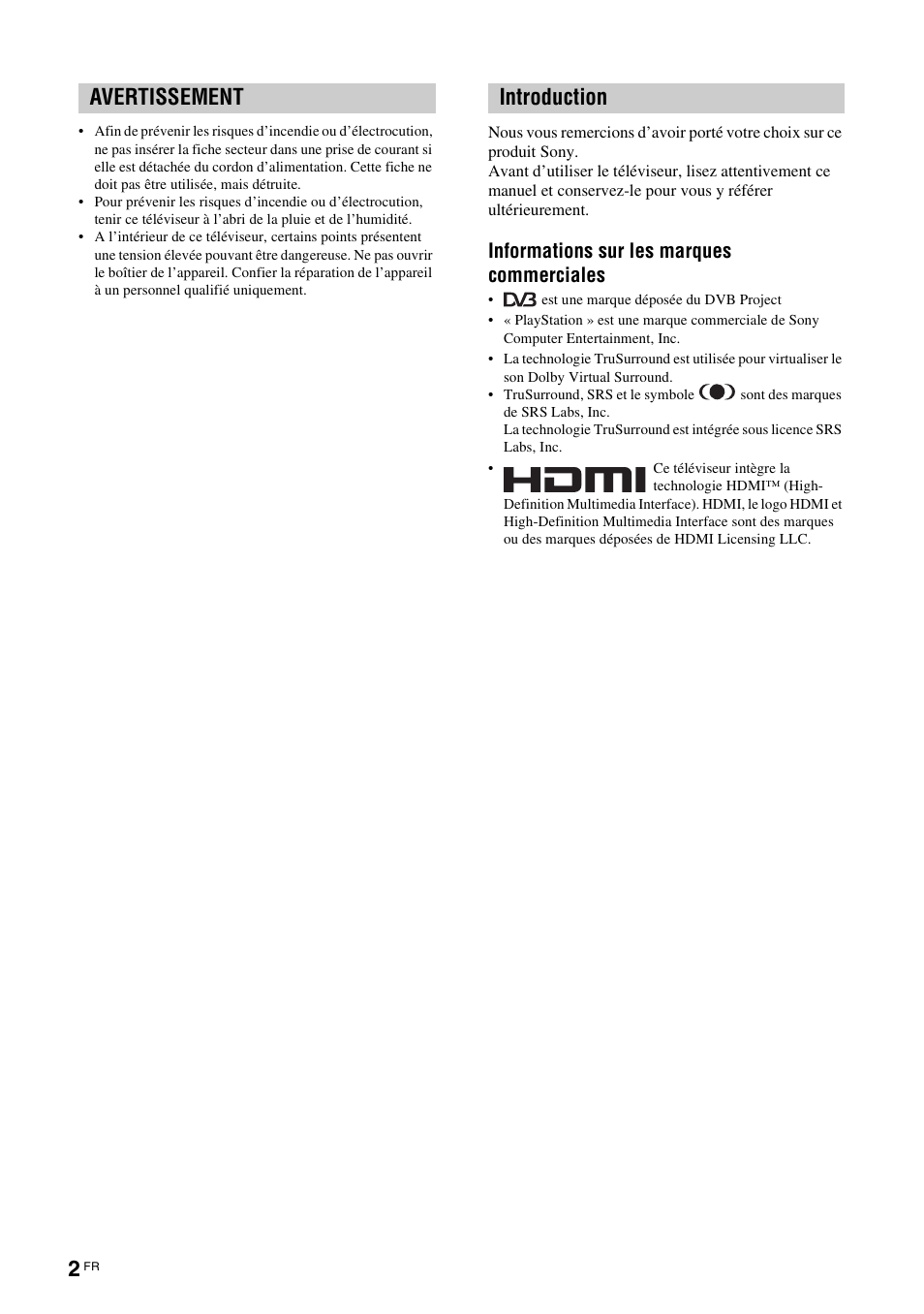 Avertissement introduction, Informations sur les marques commerciales | Sony KDL-W40A11E User Manual | Page 96 / 192